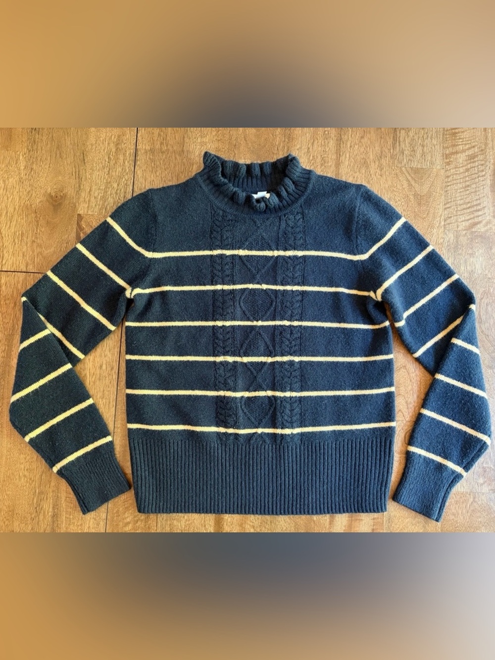 NEW! Lauren Conrad Relaxed Mock-Neck Sweater Navy with Beige Stripes Size S